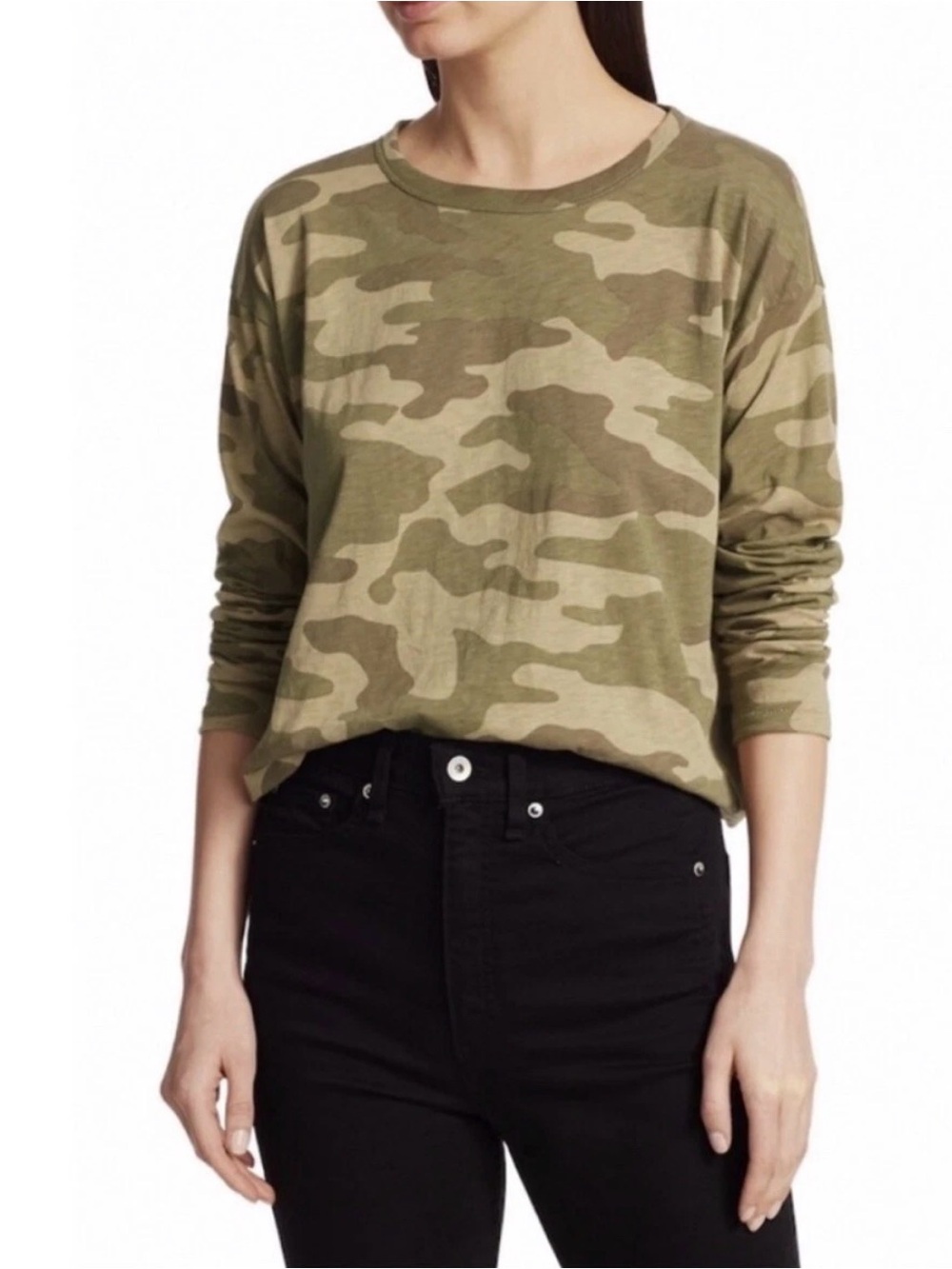Rag & Bone Camo Top M Long Sleeve Tee Green Camouflage Slub Jersey T Shirt